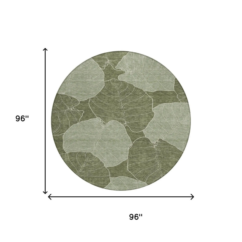 8' Olive Green And Ivory Round Floral Washable Indoor Outdoor Area Rug Homeroots Outdoor