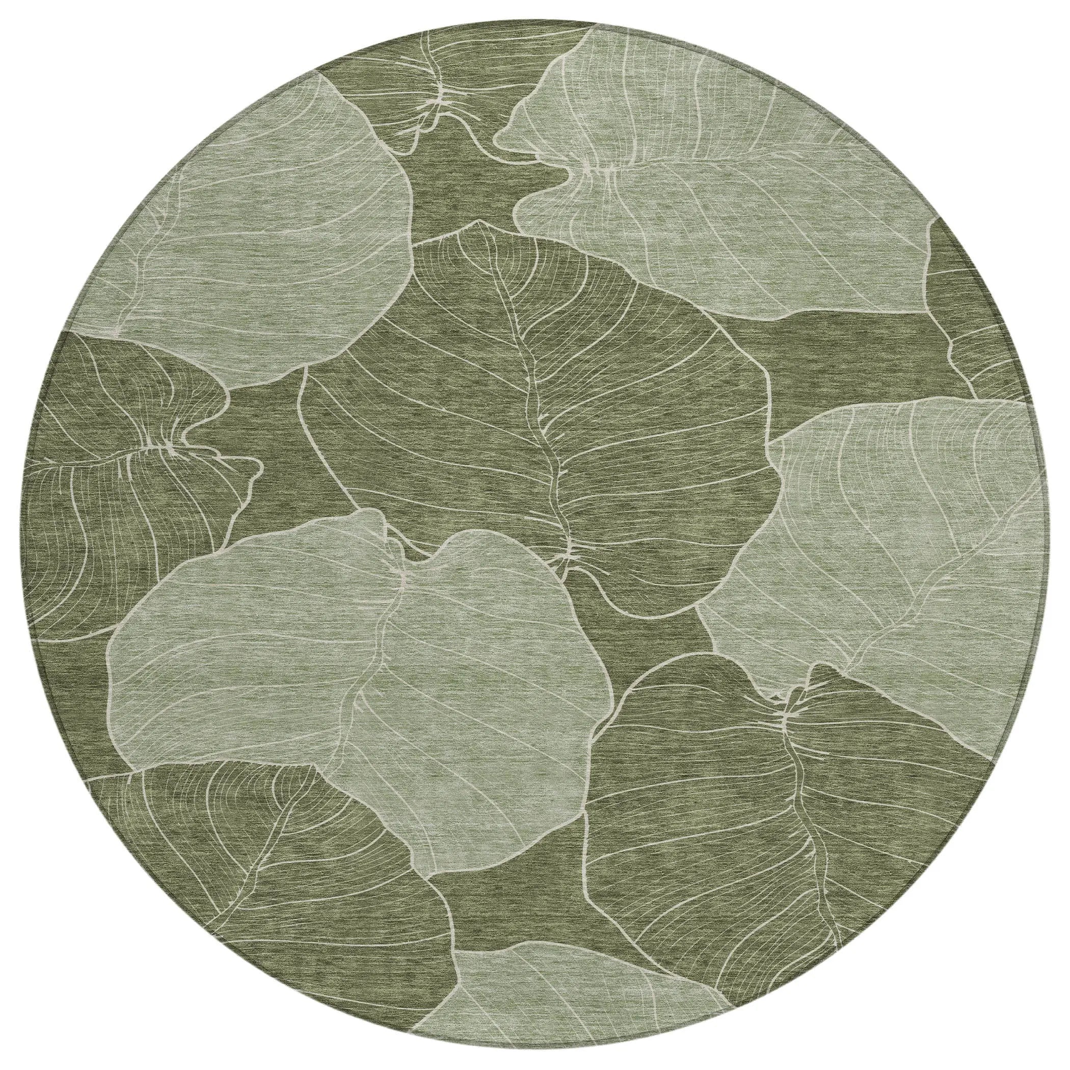 8' Olive Green And Ivory Round Floral Washable Indoor Outdoor Area Rug Homeroots Outdoor