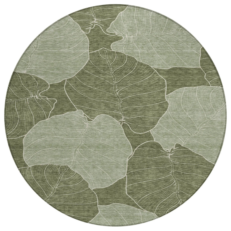 8' Olive Green And Ivory Round Floral Washable Indoor Outdoor Area Rug Homeroots Outdoor