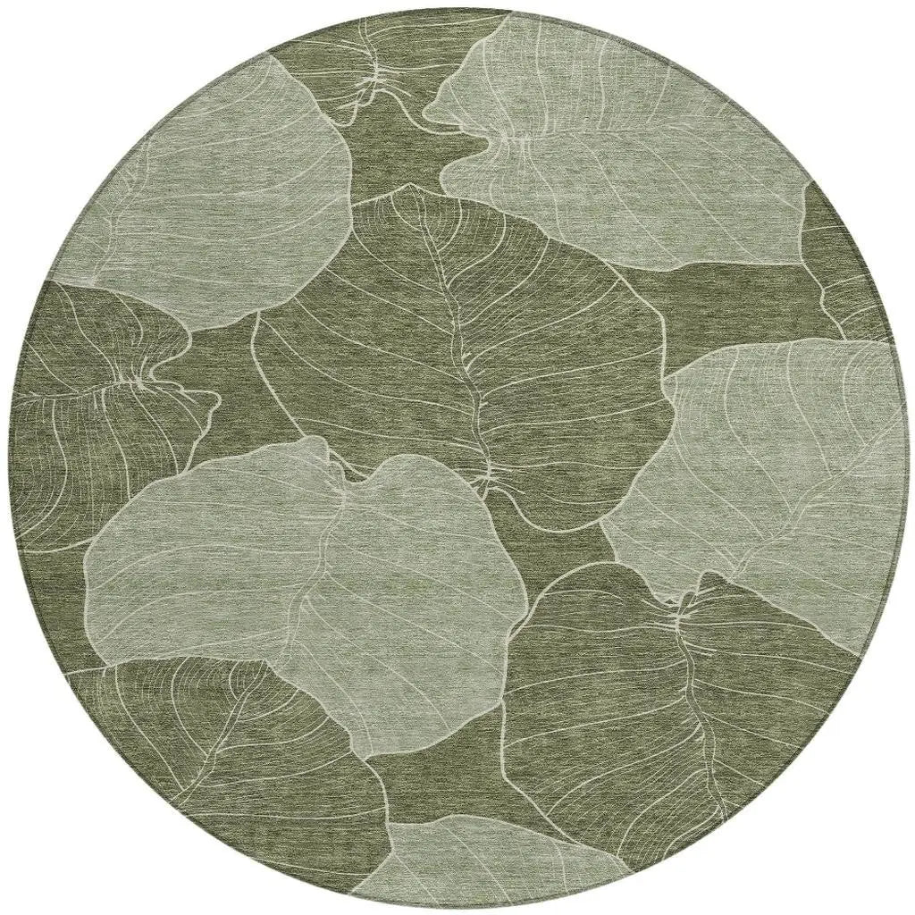 8' Olive Green And Ivory Round Floral Washable Indoor Outdoor Area Rug Homeroots Outdoor