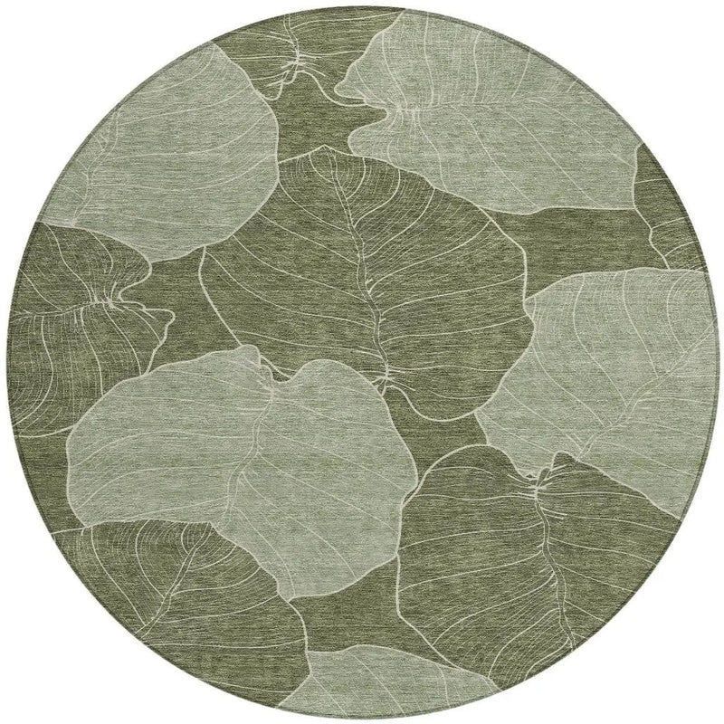 8' Olive Green And Ivory Round Floral Washable Indoor Outdoor Area Rug Homeroots Outdoor