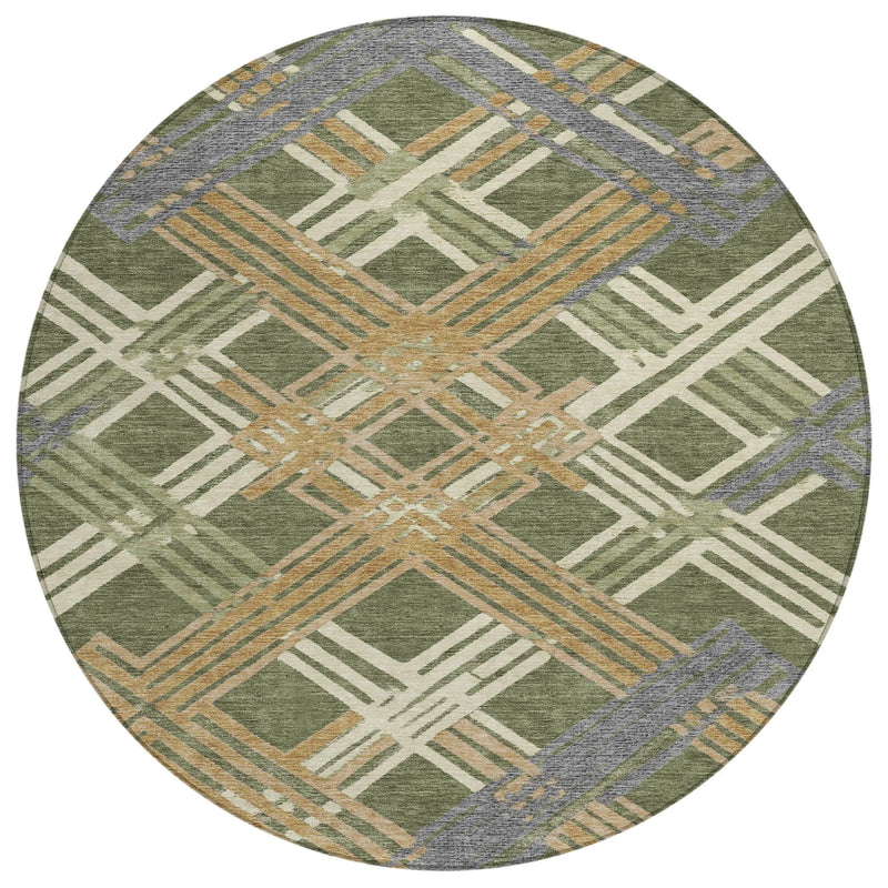8' Olive Green And Ivory Round Geometric Washable Indoor Outdoor Area Rug Homeroots Outdoor