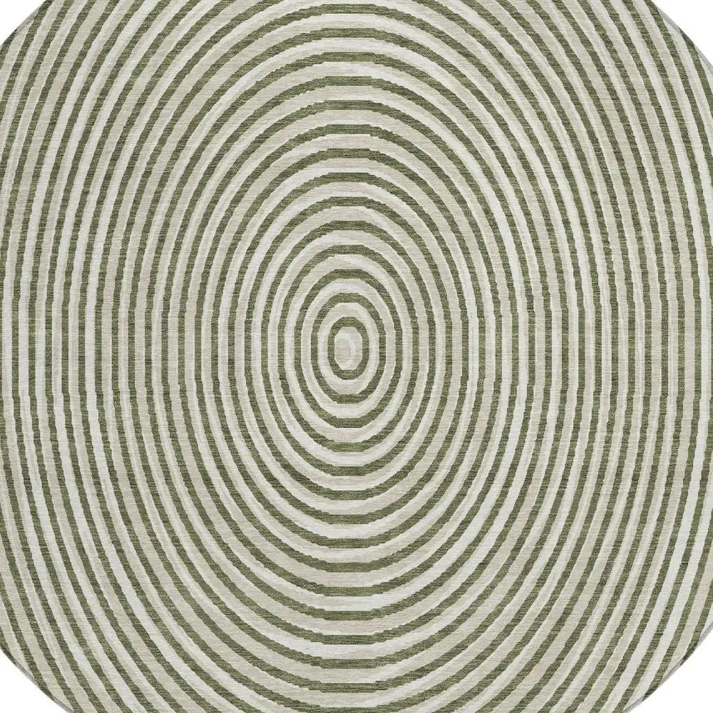 8' Olive Green And Ivory Round Geometric Washable Indoor Outdoor Area Rug Homeroots Outdoor