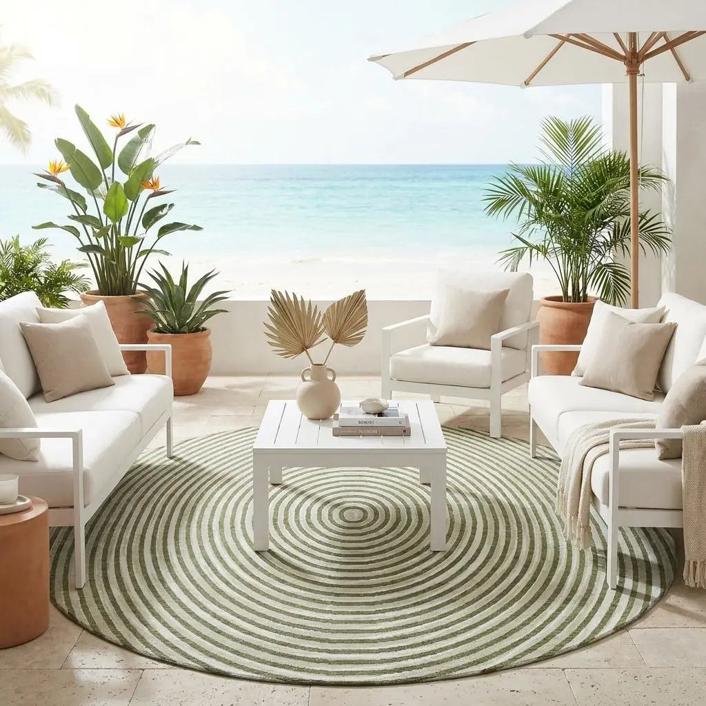 8' Olive Green And Ivory Round Geometric Washable Indoor Outdoor Area Rug Homeroots Outdoor