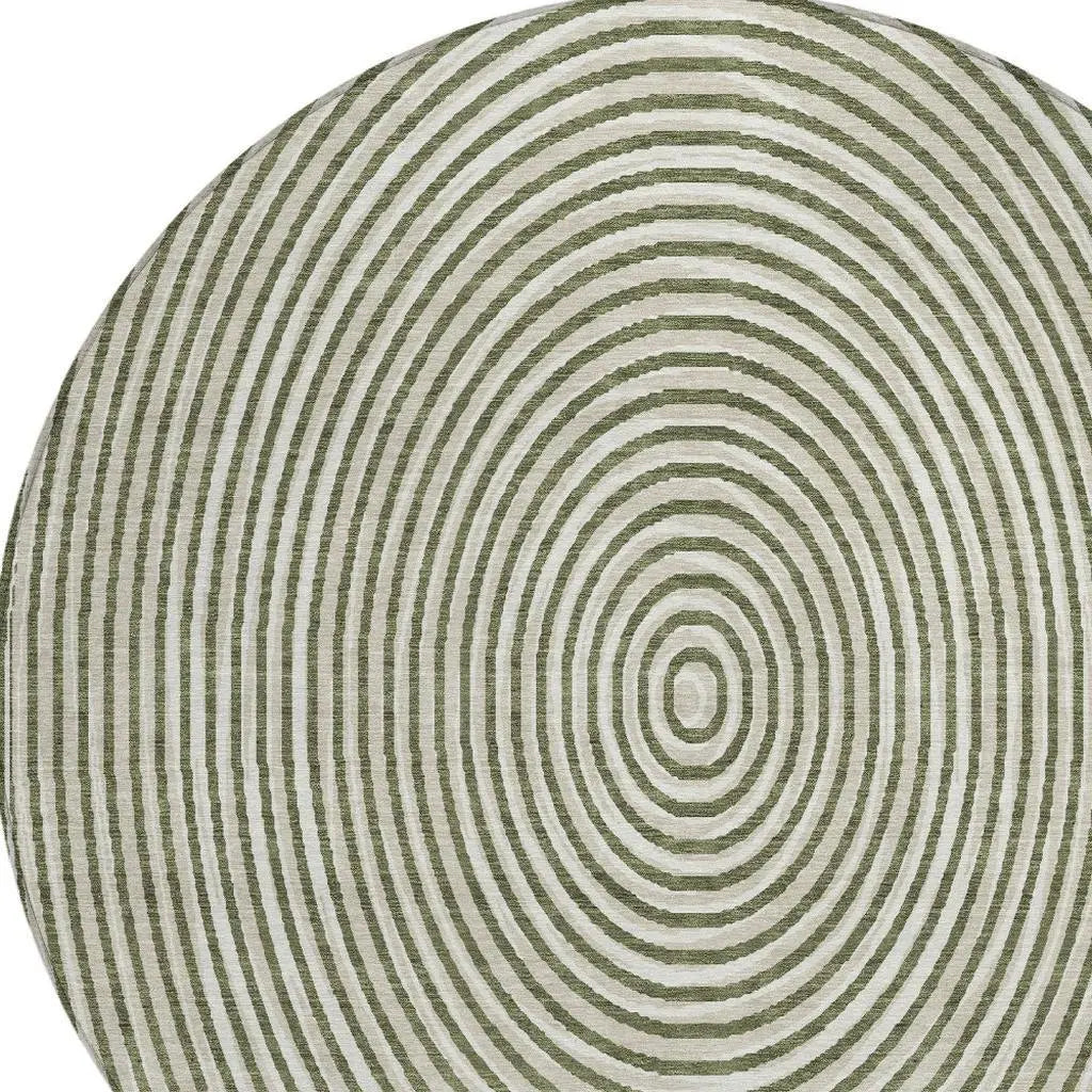 8' Olive Green And Ivory Round Geometric Washable Indoor Outdoor Area Rug Homeroots Outdoor
