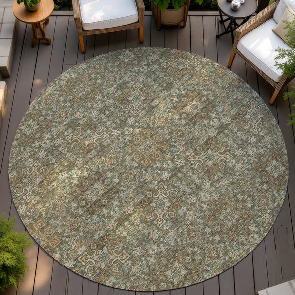 8' Olive Green And Ivory Round Oriental Washable Indoor Outdoor Area Rug Homeroots Outdoor