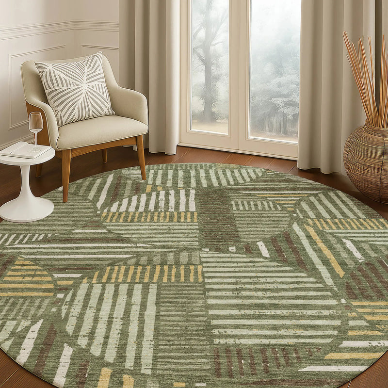 8' Olive Green And Khaki Round Geometric Washable Indoor Outdoor Area Rug Homeroots Outdoor