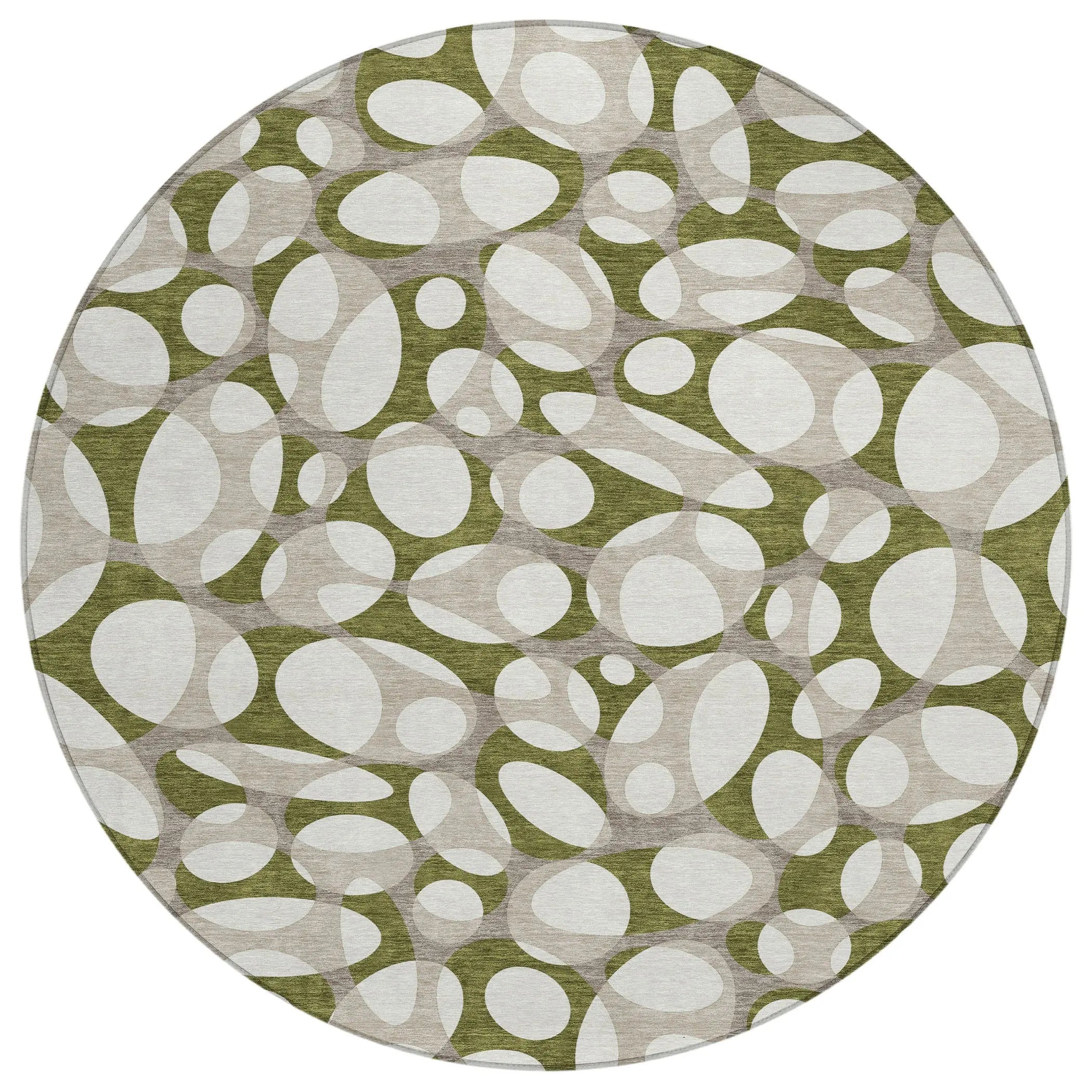 8' Olive Green And Linen Round Abstract Washable Indoor Outdoor Area Rug Homeroots Outdoor