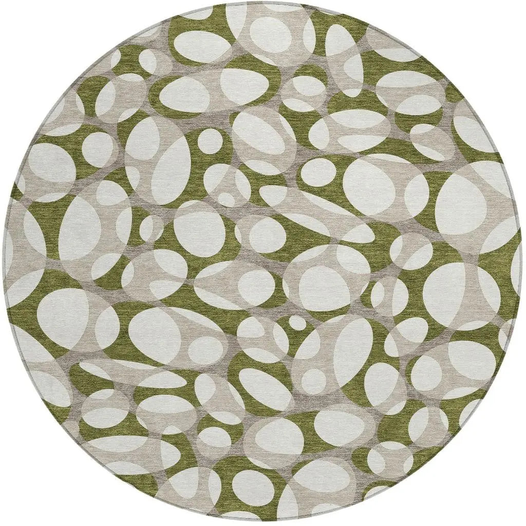 8' Olive Green And Linen Round Abstract Washable Indoor Outdoor Area Rug Homeroots Outdoor