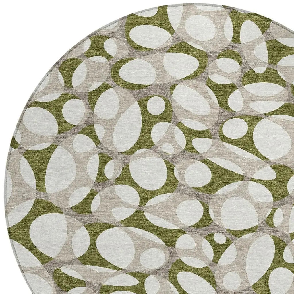 8' Olive Green And Linen Round Abstract Washable Indoor Outdoor Area Rug Homeroots Outdoor