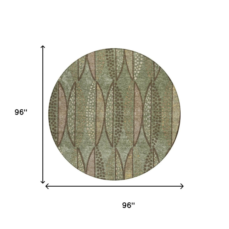 8' Olive Green And Linen Round Geometric Washable Indoor Outdoor Area Rug Homeroots Outdoor