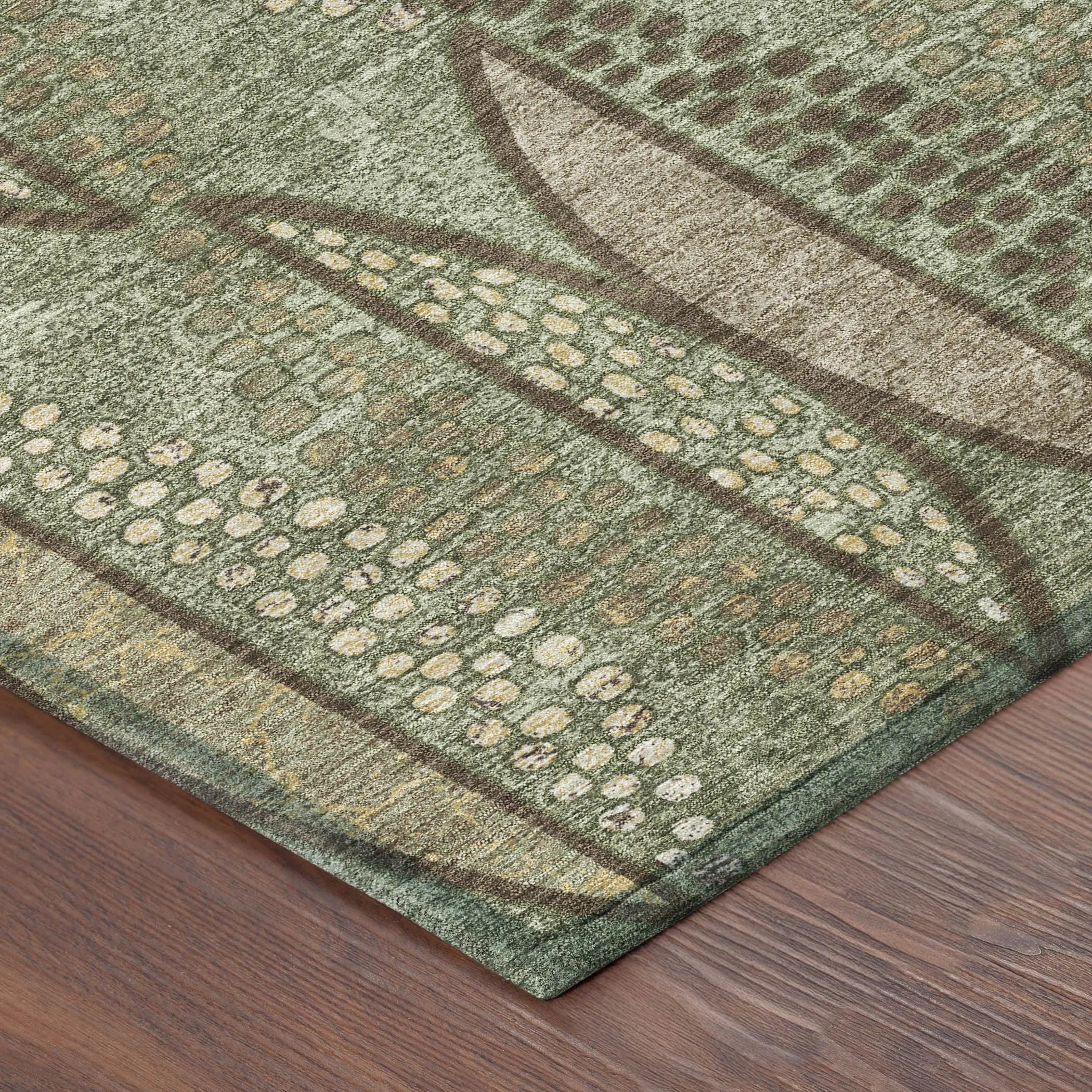 8' Olive Green And Linen Round Geometric Washable Indoor Outdoor Area Rug Homeroots Outdoor