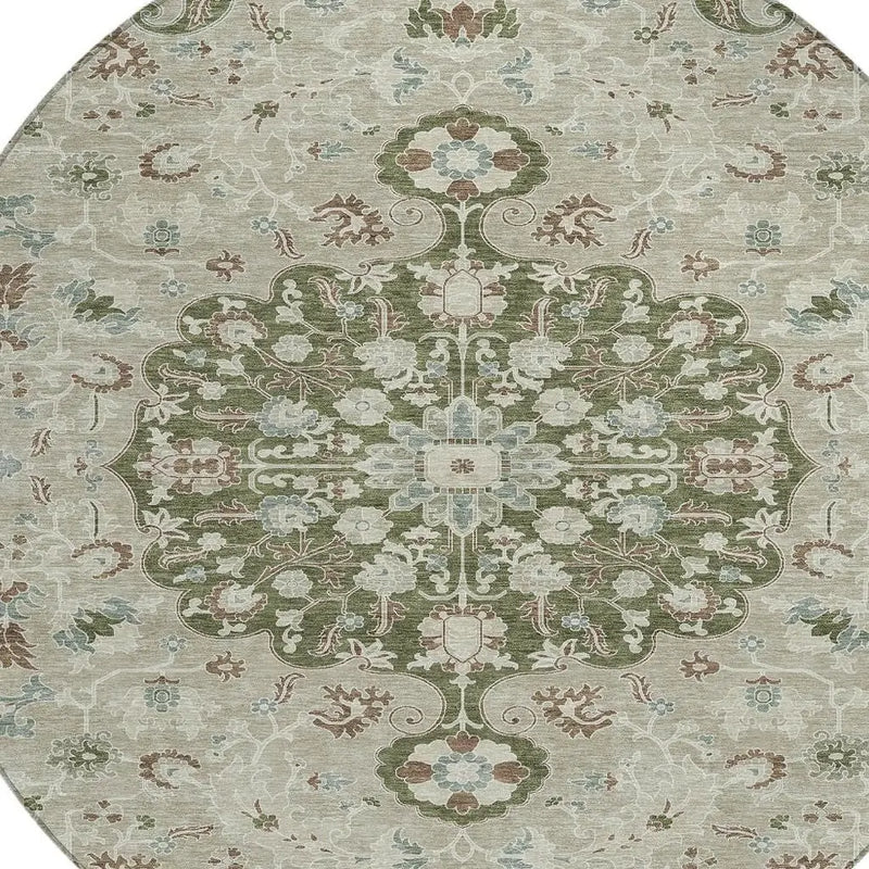 8' Olive Green And Sage Round Floral Medallion Washable Indoor Outdoor Area Rug Homeroots Outdoor