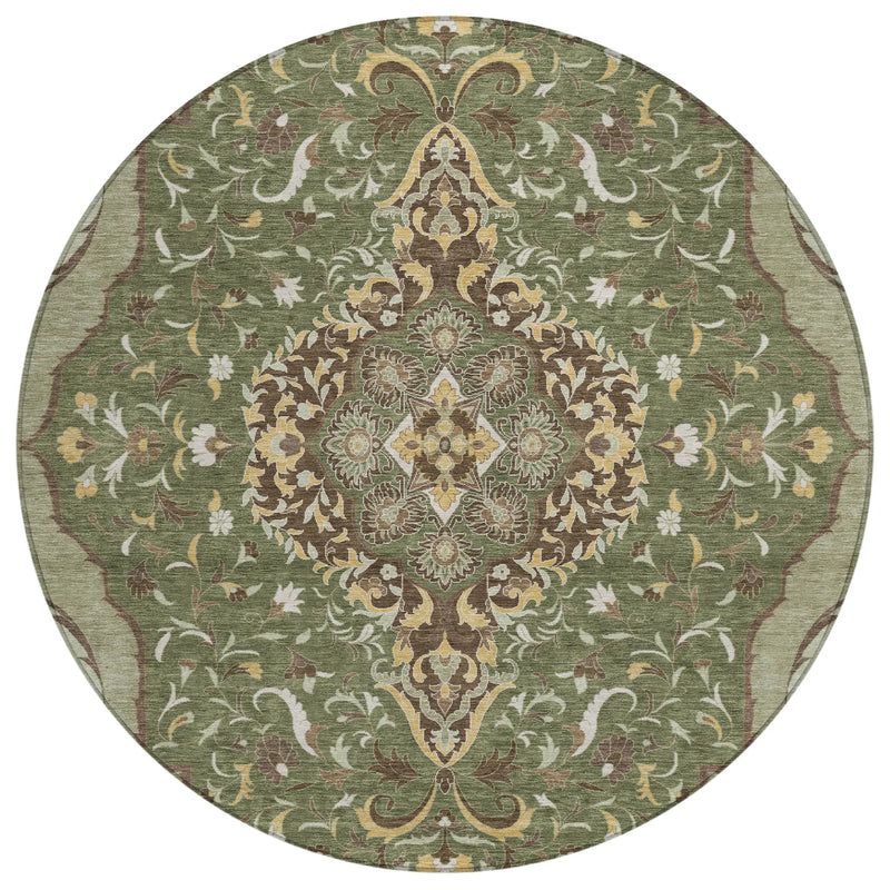 8' Olive Green And Taupe Round Medallion Washable Indoor Outdoor Area Rug Homeroots Outdoor