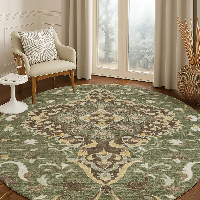 8' Olive Green And Taupe Round Medallion Washable Indoor Outdoor Area Rug Homeroots Outdoor