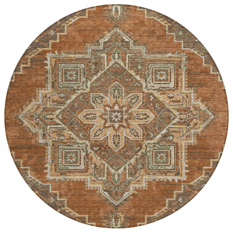 8' Orange And Aqua Round Oriental Washable Indoor Outdoor Area Rug Homeroots Outdoor