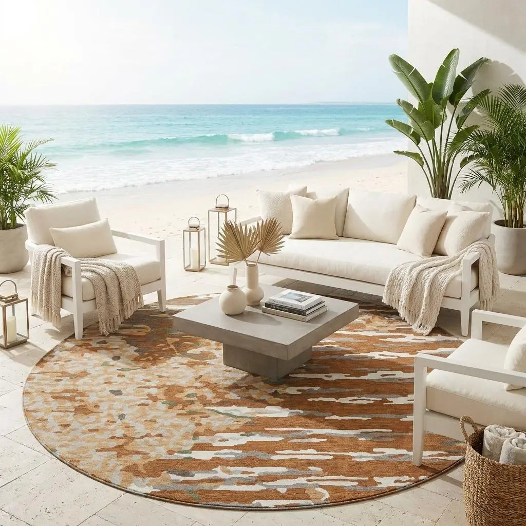 8' Orange And Beige Round Abstract Washable Indoor Outdoor Area Rug Homeroots Outdoor