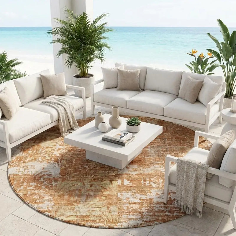 8' Orange And Beige Round Abstract Washable Indoor Outdoor Area Rug Homeroots Outdoor