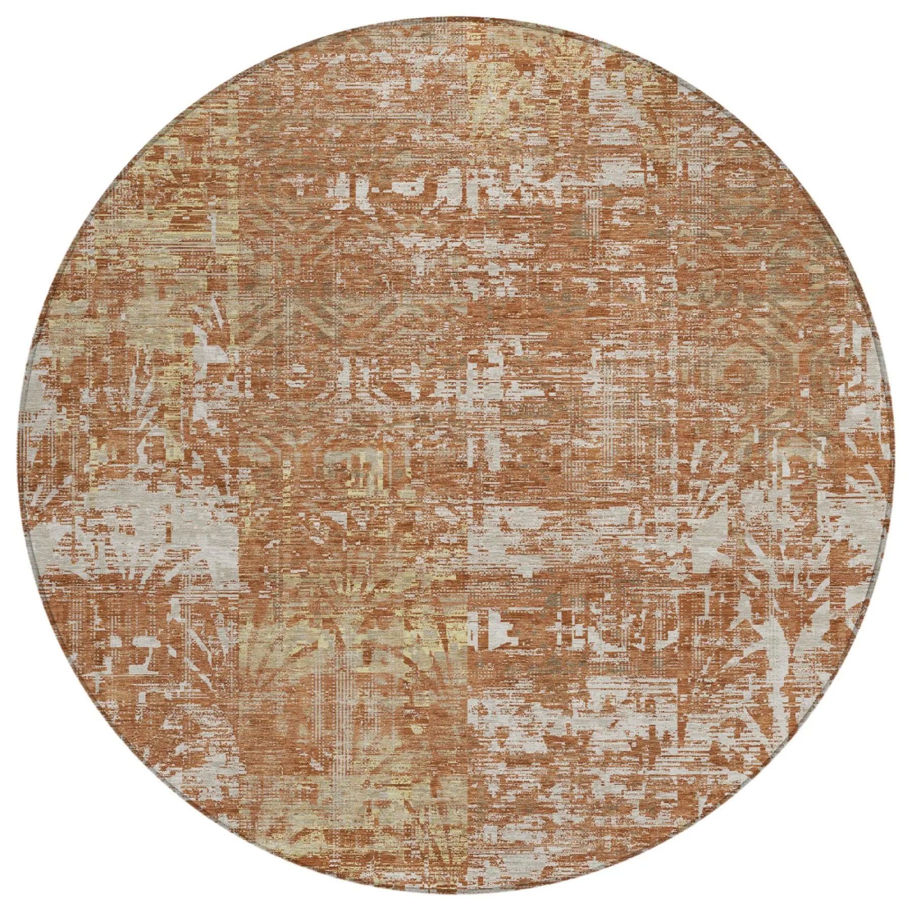 8' Orange And Beige Round Abstract Washable Indoor Outdoor Area Rug Homeroots Outdoor
