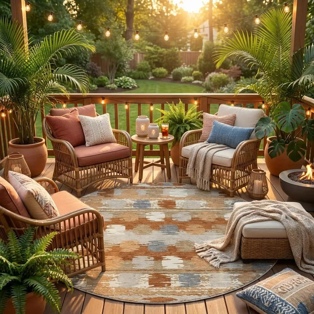 8' Orange And Beige Round Abstract Washable Indoor Outdoor Area Rug Homeroots Outdoor