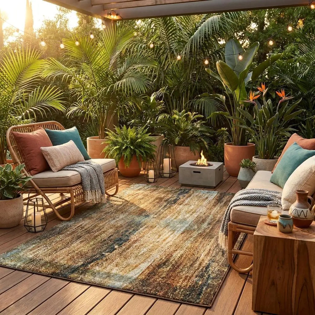 8' Orange And Beige Round Abstract Washable Indoor Outdoor Area Rug Homeroots Outdoor