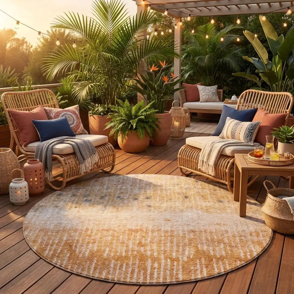 8' Orange And Beige Round Abstract Washable Indoor Outdoor Area Rug Homeroots Outdoor