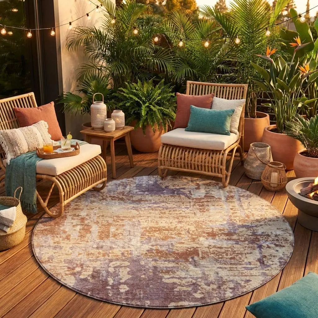 8' Orange And Beige Round Abstract Washable Indoor Outdoor Area Rug Homeroots Outdoor