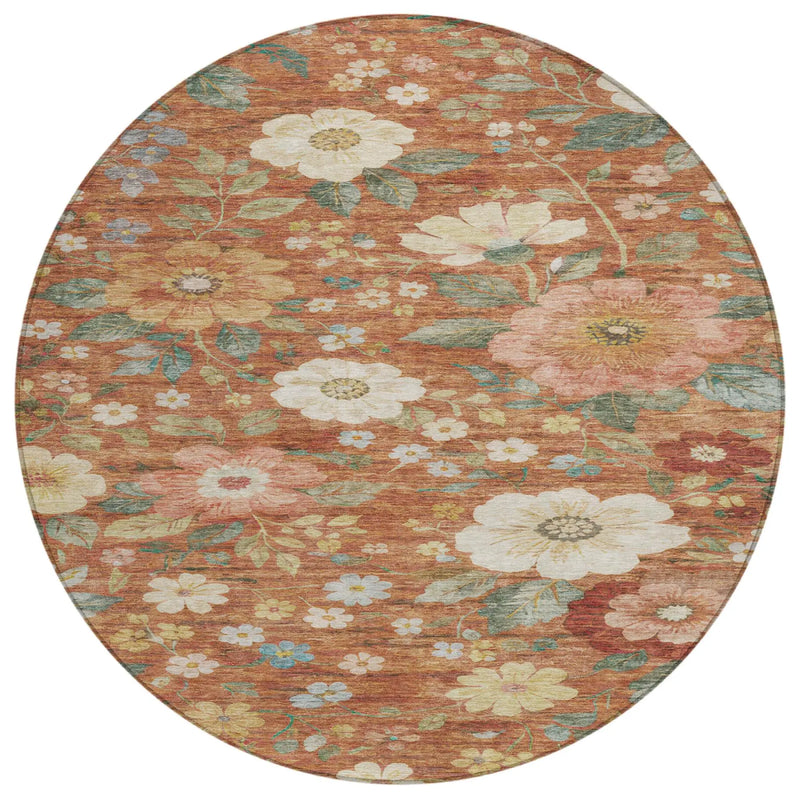8' Orange And Beige Round Floral Washable Indoor Outdoor Area Rug Homeroots Outdoor