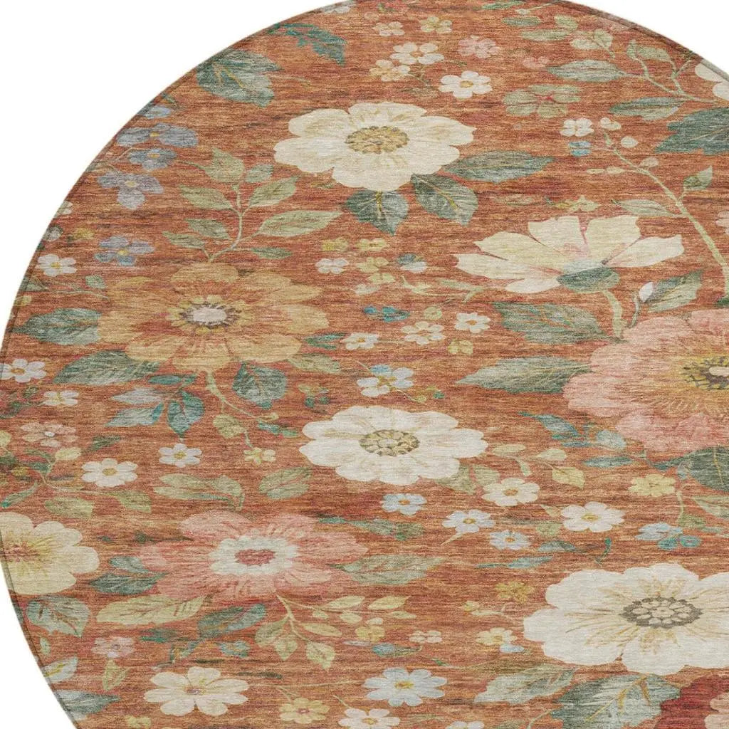 8' Orange And Beige Round Floral Washable Indoor Outdoor Area Rug Homeroots Outdoor