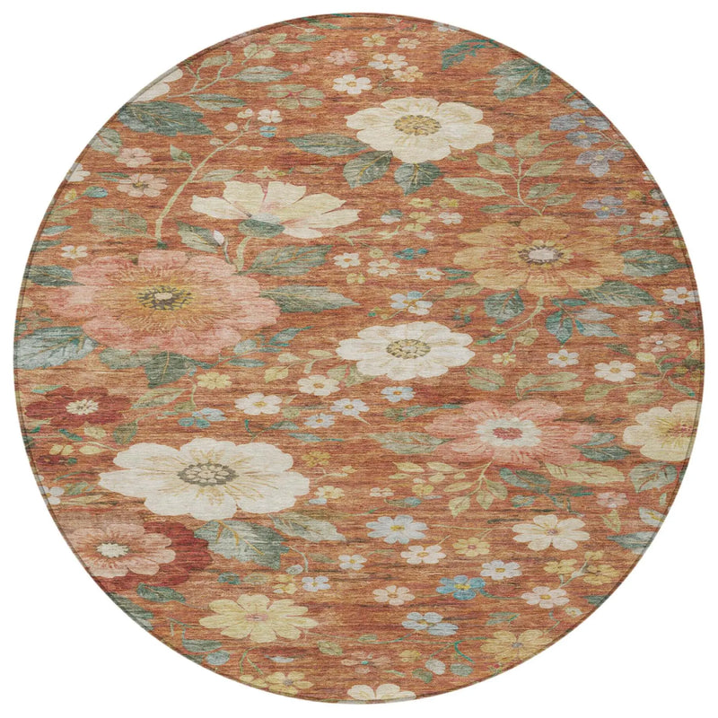 8' Orange And Beige Round Floral Washable Indoor Outdoor Area Rug Homeroots Outdoor