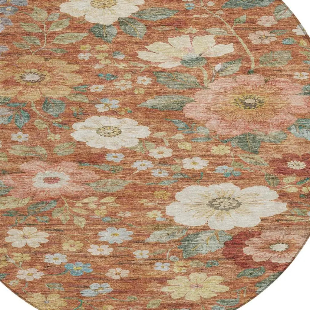 8' Orange And Beige Round Floral Washable Indoor Outdoor Area Rug Homeroots Outdoor