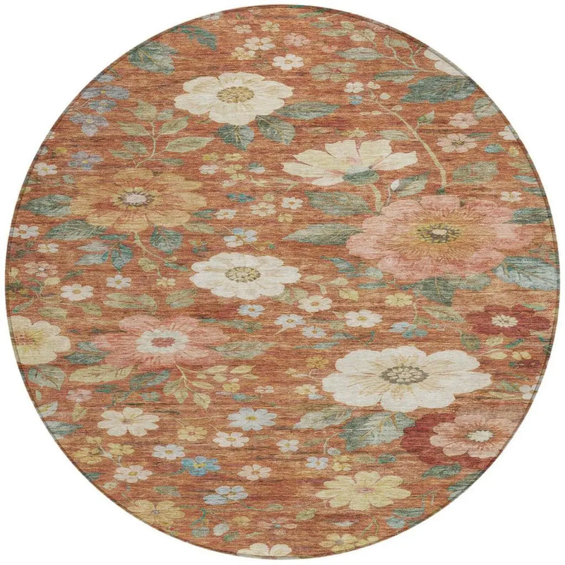 8' Orange And Beige Round Floral Washable Indoor Outdoor Area Rug Homeroots Outdoor