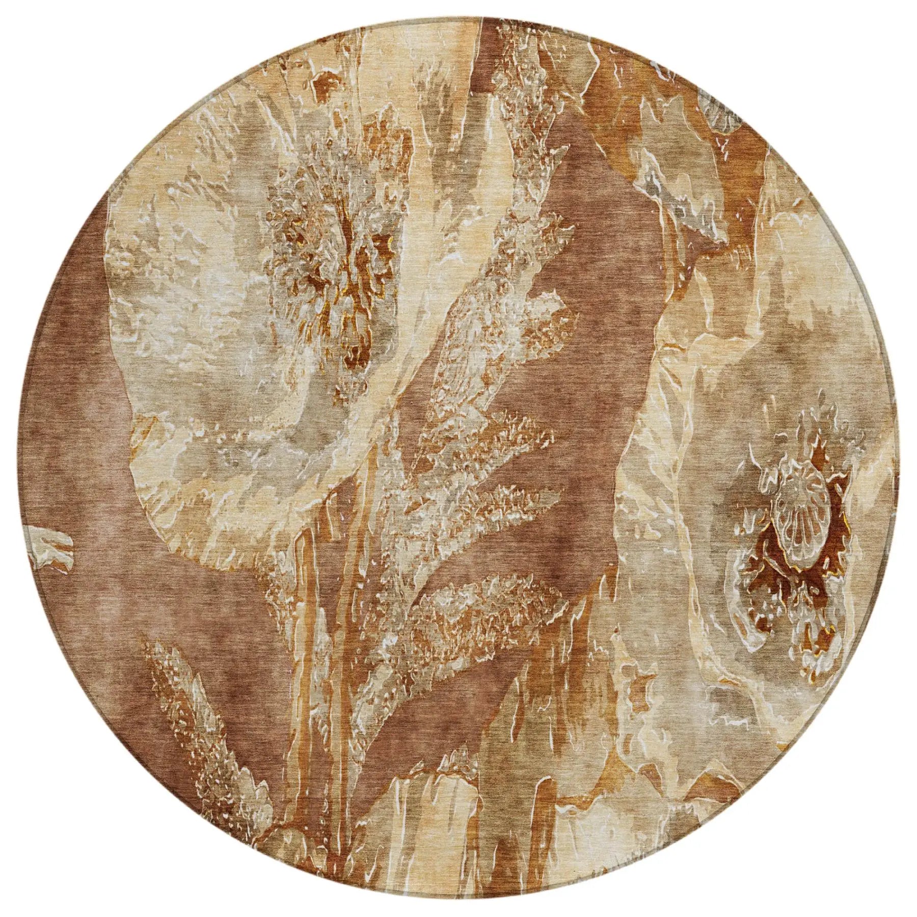 8' Orange And Beige Round Floral Washable Indoor Outdoor Area Rug Homeroots Outdoor