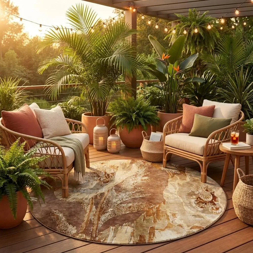 8' Orange And Beige Round Floral Washable Indoor Outdoor Area Rug Homeroots Outdoor