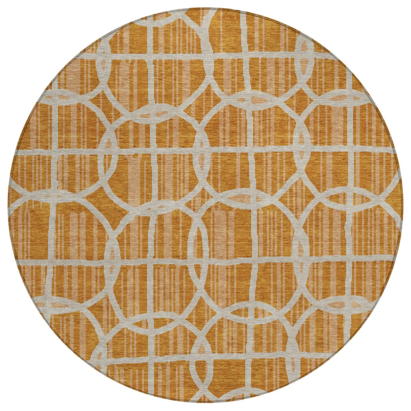8' Orange And Beige Round Geometric Washable Indoor Outdoor Area Rug Homeroots Outdoor