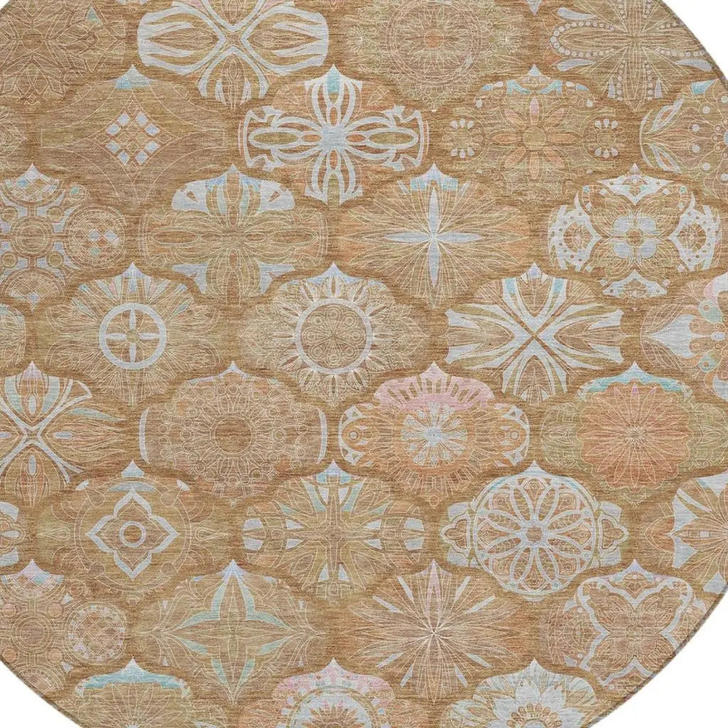 8' Orange And Beige Round Ogee Washable Indoor Outdoor Area Rug Homeroots Outdoor