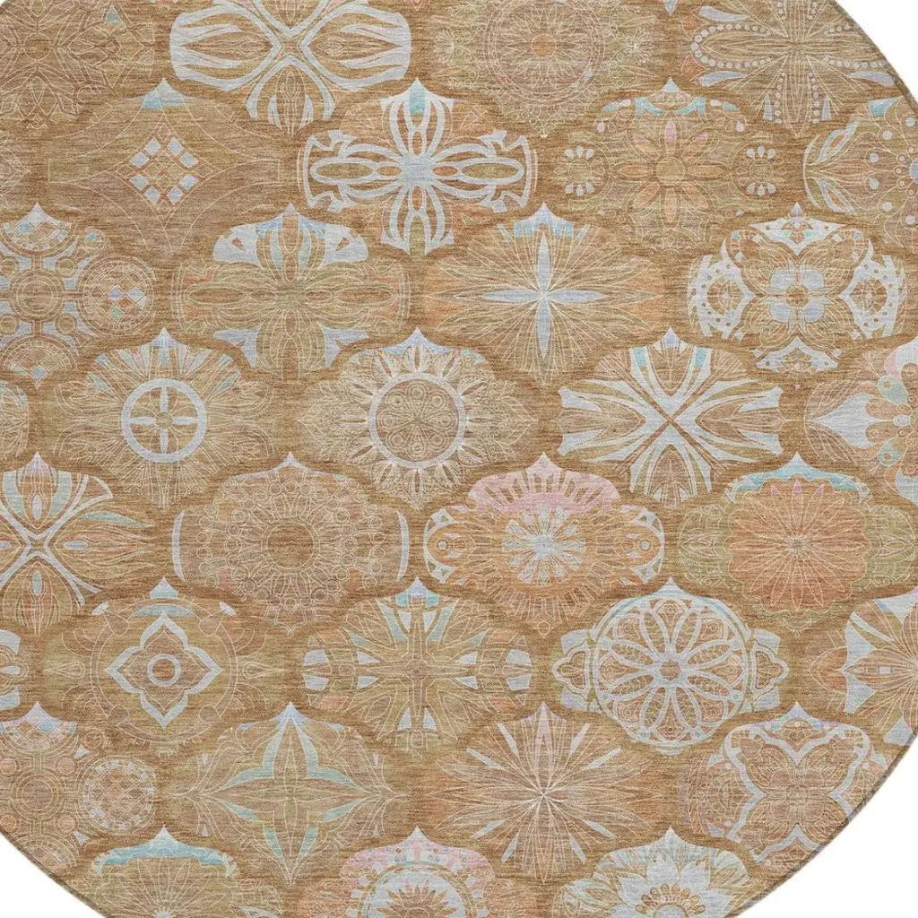 8' Orange And Beige Round Ogee Washable Indoor Outdoor Area Rug Homeroots Outdoor