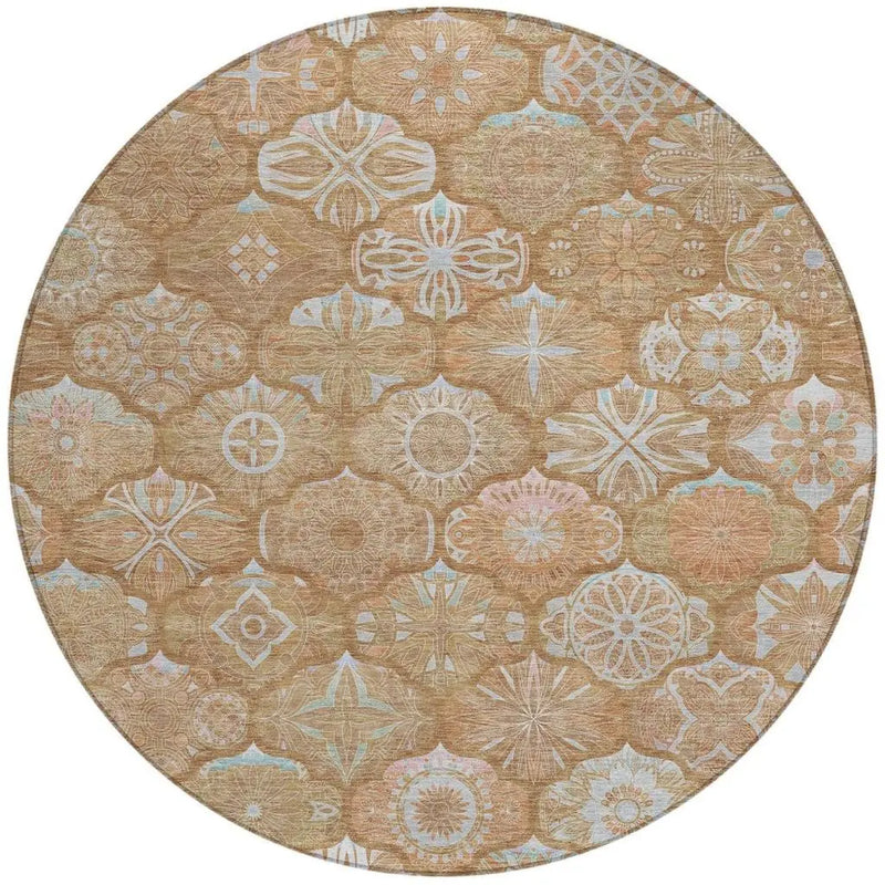 8' Orange And Beige Round Ogee Washable Indoor Outdoor Area Rug Homeroots Outdoor