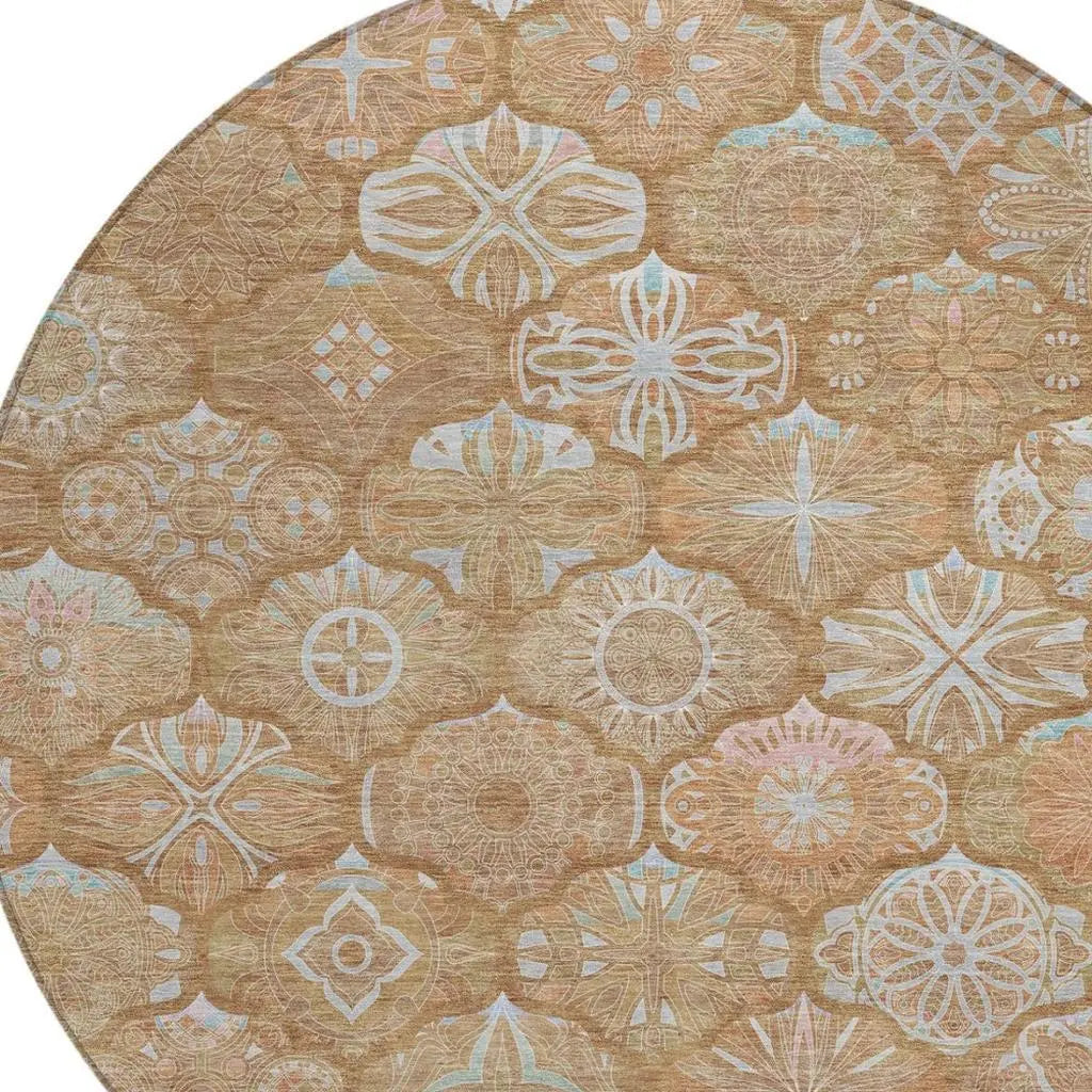 8' Orange And Beige Round Ogee Washable Indoor Outdoor Area Rug Homeroots Outdoor