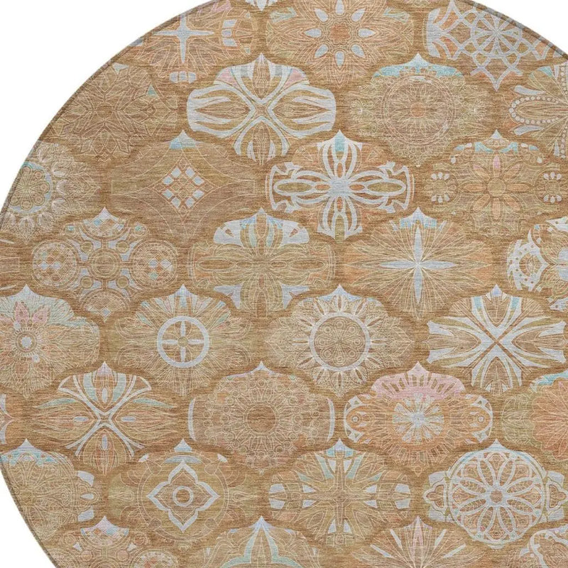 8' Orange And Beige Round Ogee Washable Indoor Outdoor Area Rug Homeroots Outdoor