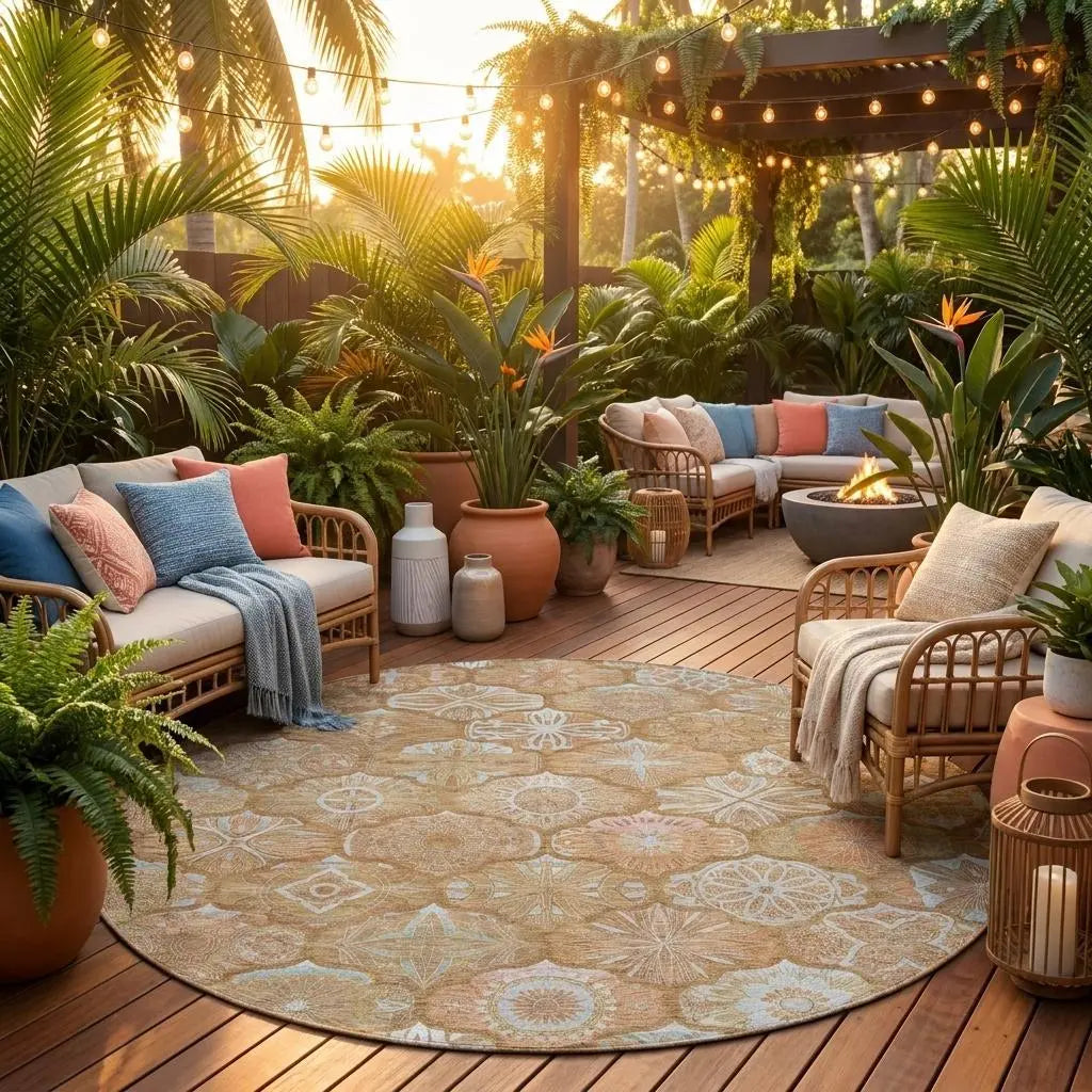 8' Orange And Beige Round Ogee Washable Indoor Outdoor Area Rug Homeroots Outdoor
