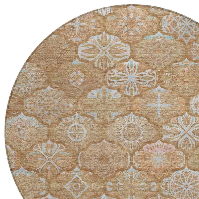 8' Orange And Beige Round Ogee Washable Indoor Outdoor Area Rug Homeroots Outdoor