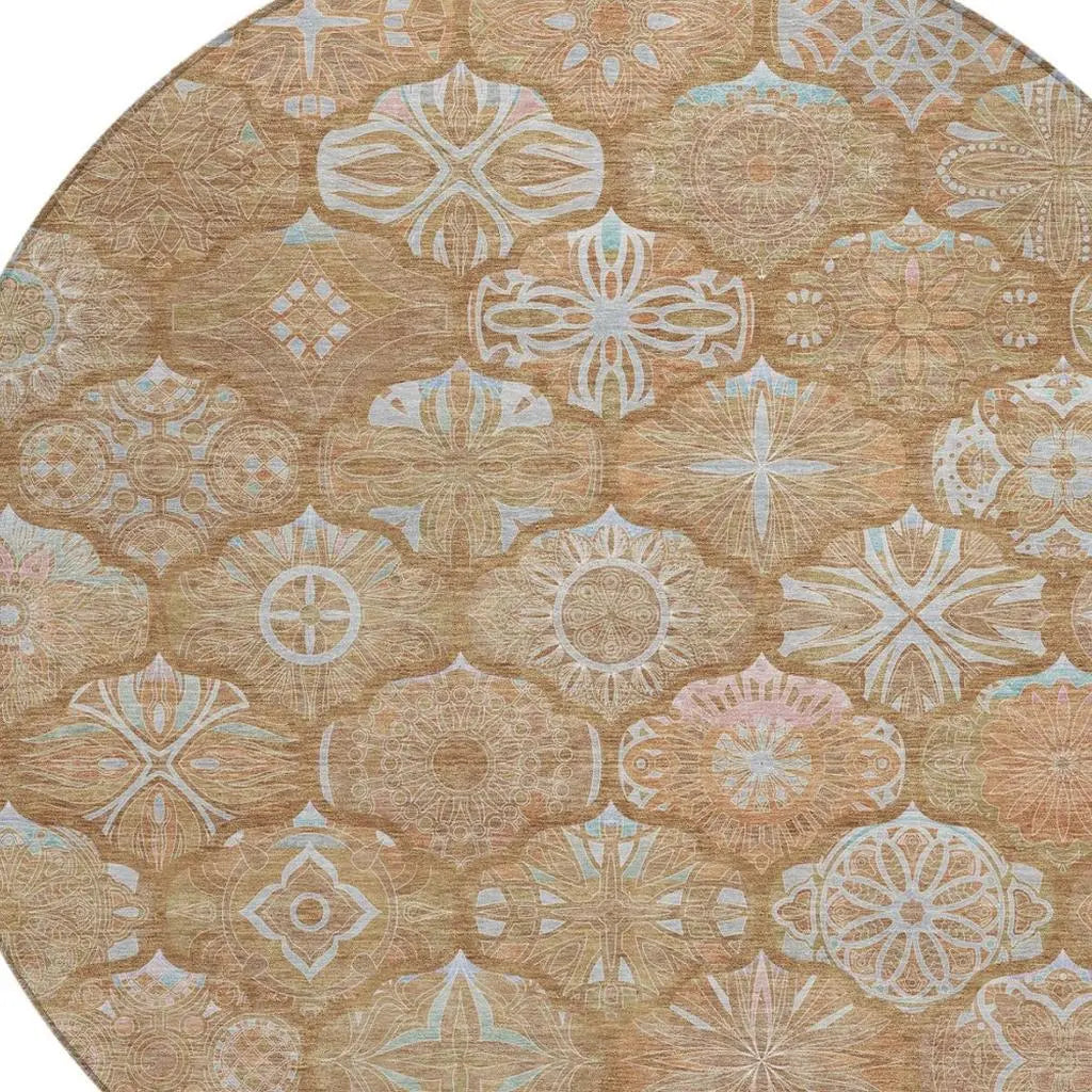 8' Orange And Beige Round Ogee Washable Indoor Outdoor Area Rug Homeroots Outdoor