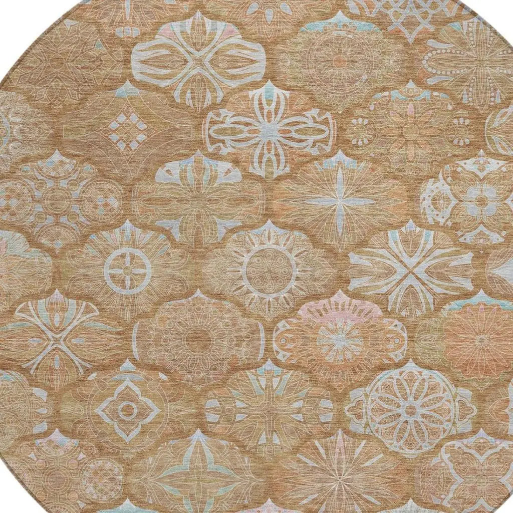 8' Orange And Beige Round Ogee Washable Indoor Outdoor Area Rug Homeroots Outdoor