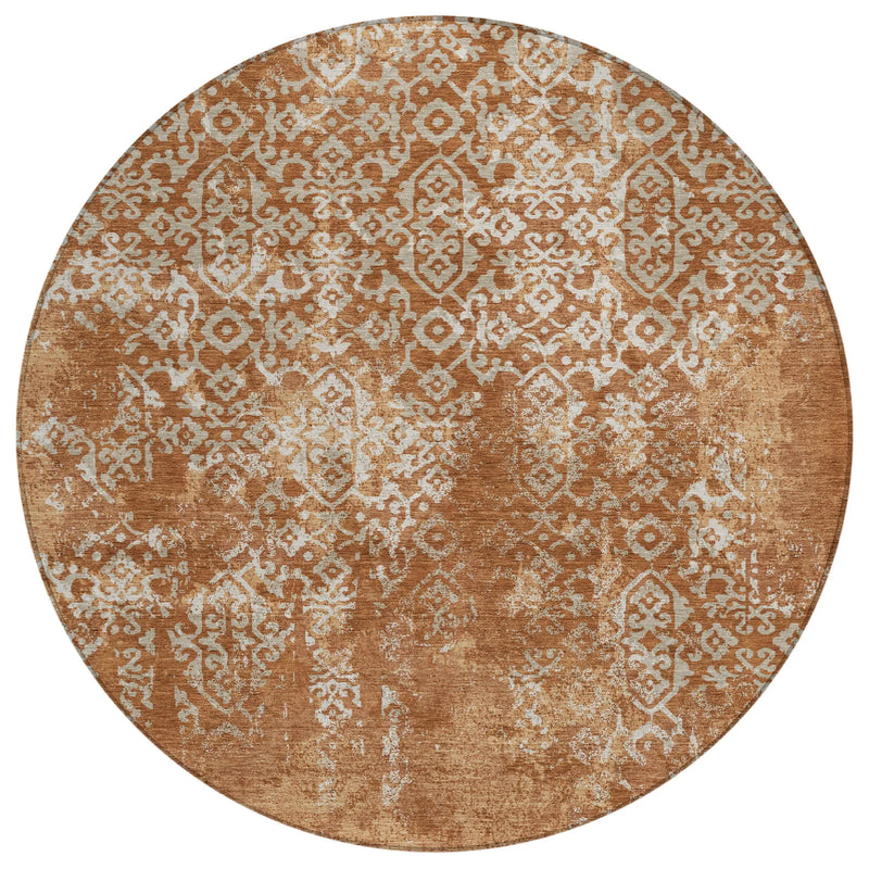 8' Orange And Beige Round Oriental Washable Indoor Outdoor Area Rug Homeroots Outdoor