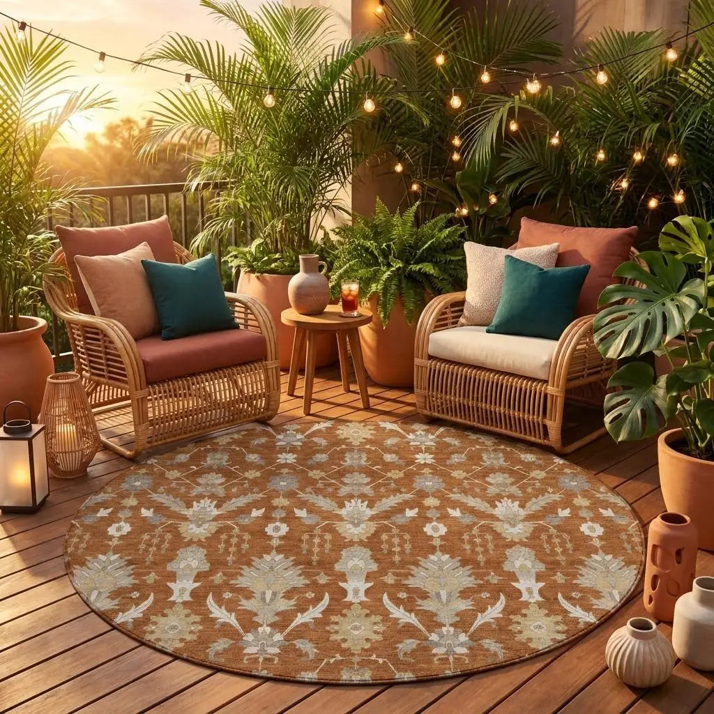 8' Orange And Beige Round Oriental Washable Indoor Outdoor Area Rug Homeroots Outdoor