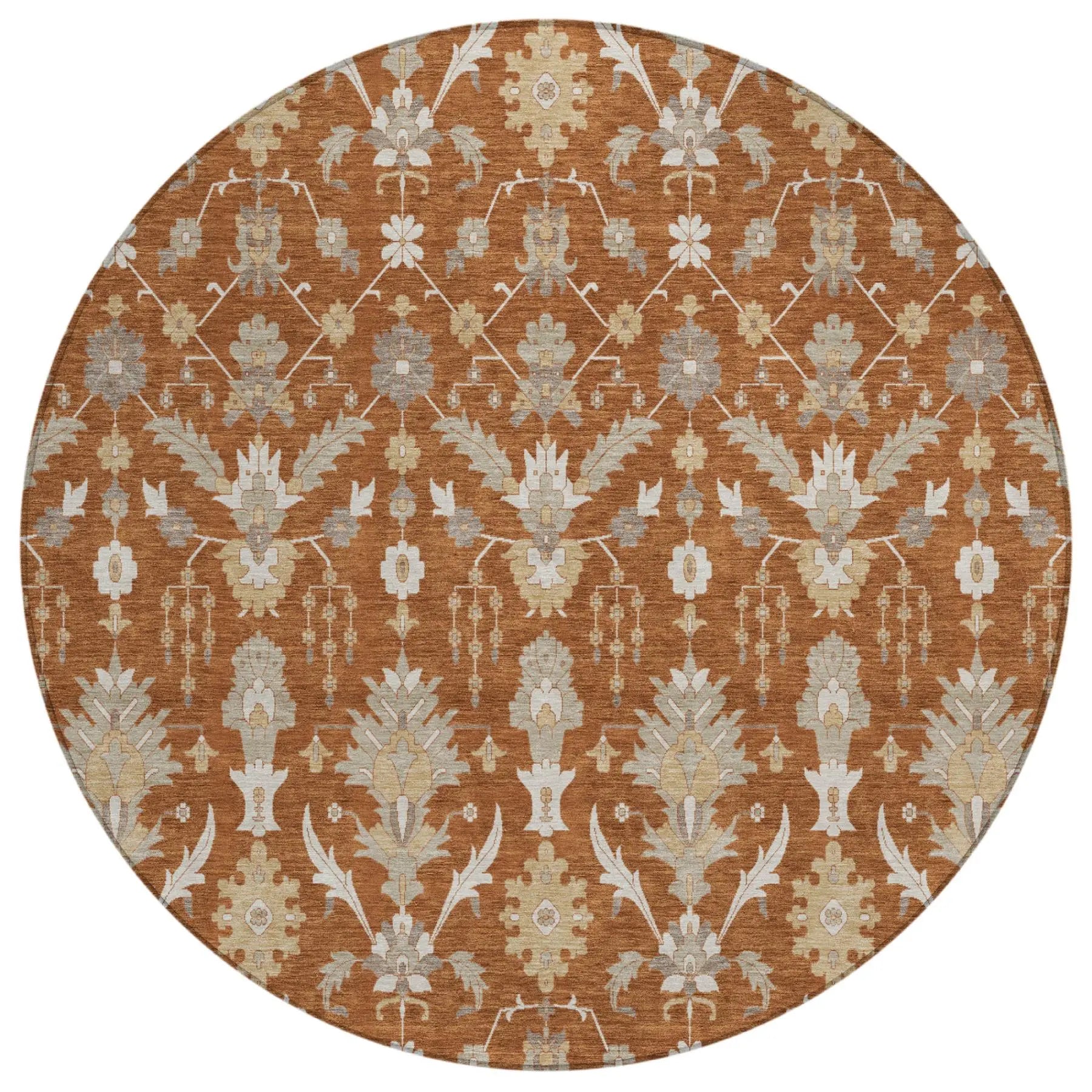 8' Orange And Beige Round Oriental Washable Indoor Outdoor Area Rug Homeroots Outdoor