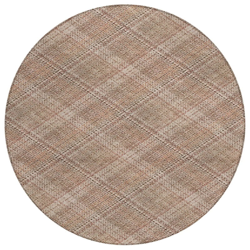 8' Orange And Beige Round Plaid Washable Indoor Outdoor Area Rug Homeroots Outdoor