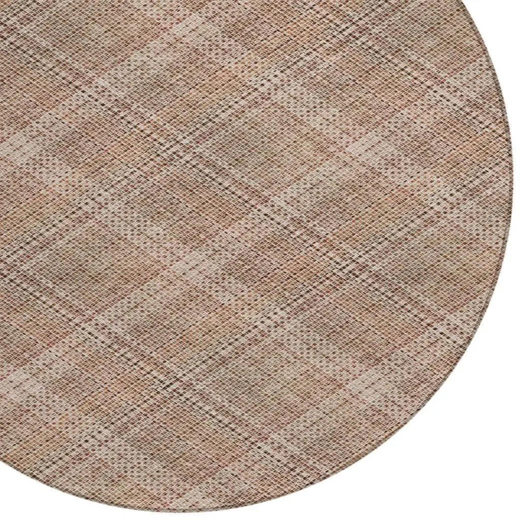 8' Orange And Beige Round Plaid Washable Indoor Outdoor Area Rug Homeroots Outdoor