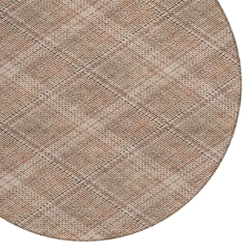 8' Orange And Beige Round Plaid Washable Indoor Outdoor Area Rug Homeroots Outdoor